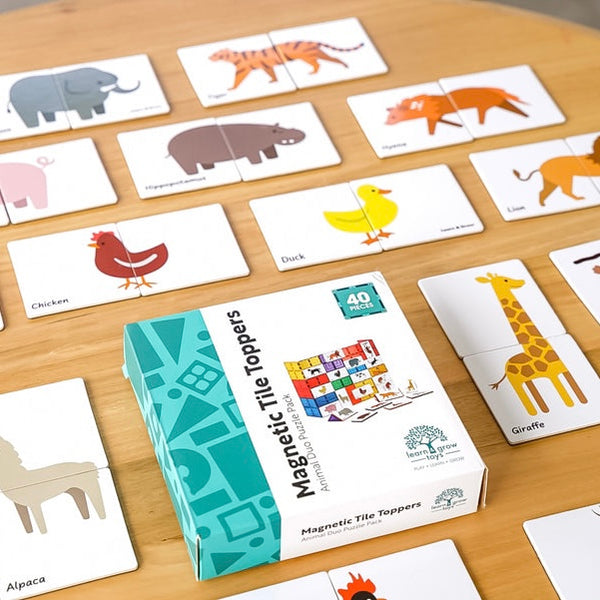 Learn & Grow Magnetic Tile Toppers | 40 Piece Animal Duo Puzzle Pack
