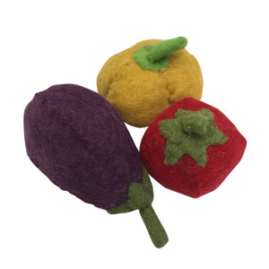 Papoose Toys® Handmade Vegetables 3pc Set | Capsicum, Eggplant & Tomato