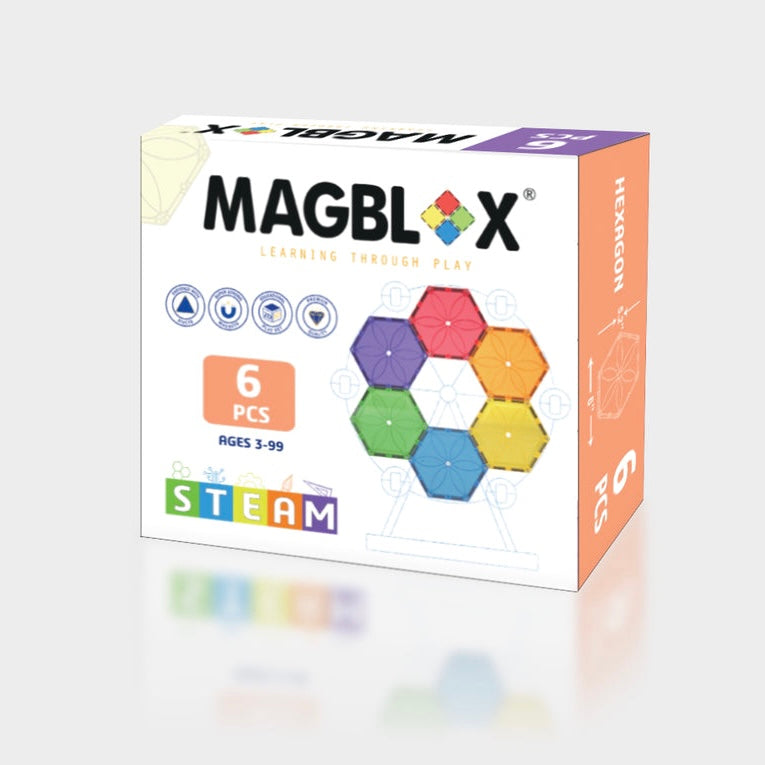 MAGBLOX® Magnetic Tiles | 6 Piece Bright Colours Hexagon Set